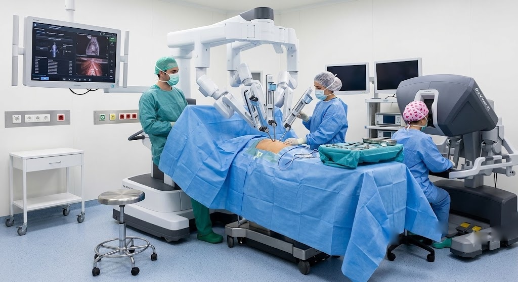 Equipo quirúrgico durante una cirugía de afirmación de género mínimamente invasiva con robot Da Vinci en Barcelona