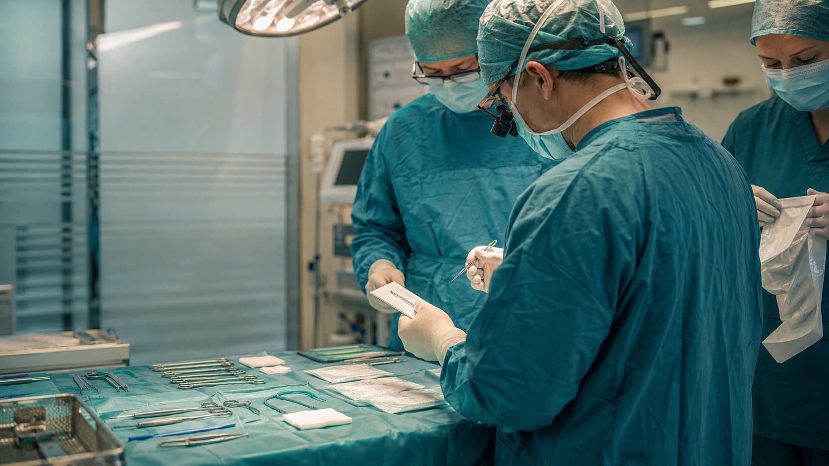 Surgical team preparing instruments for complex genital reconstructive surgery